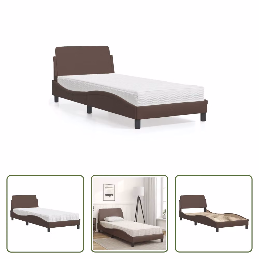 The Living Store Letto con materasso marrone 80x200 cm in ecopelle