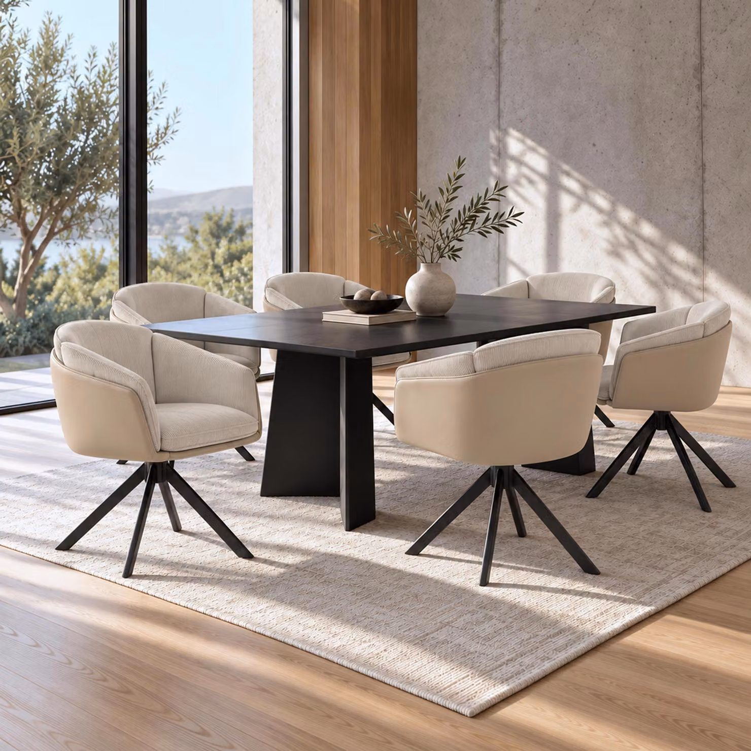 Set di 6 sedie da pranzo modello HWC-R24, sedie da cucina, girevoli, in metallo, con rivestimento in ecopelle, tessuto/tessuto, colore beige
