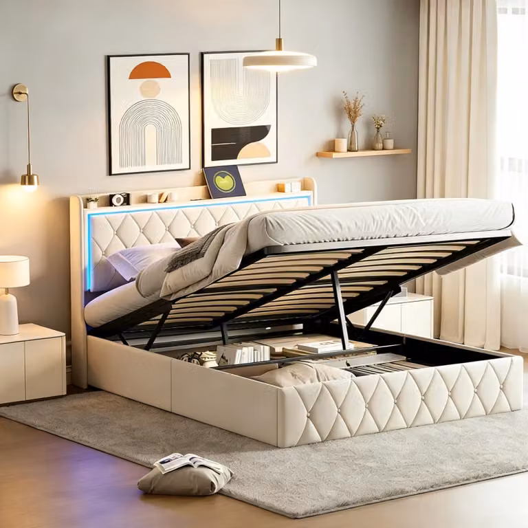 Letto imbottito INONEFT, 160 x 200 cm, con sistema di sollevamento idraulico, luci LED e spazio contenitore, letto matrimoniale con rete a doghe, letto multifunzione con porta USB, adatto anche per ragazzi, rivestito in velluto, colore beige