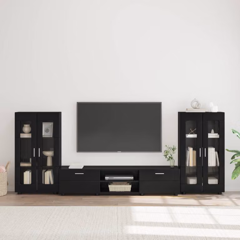 Set mobile TV moderno vidaXL FLORIN in legno nero con compartimenti multimediali L: 150 cm, P: 39 cm, H: 30 cm