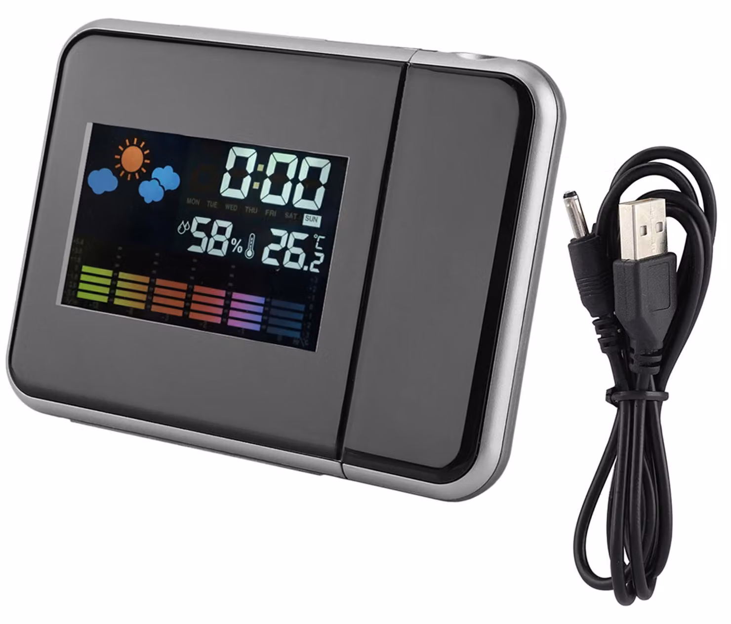 Proiettore digitale LED per previsioni del tempo, calendario, indicatore di umidità, sveglia (nero)