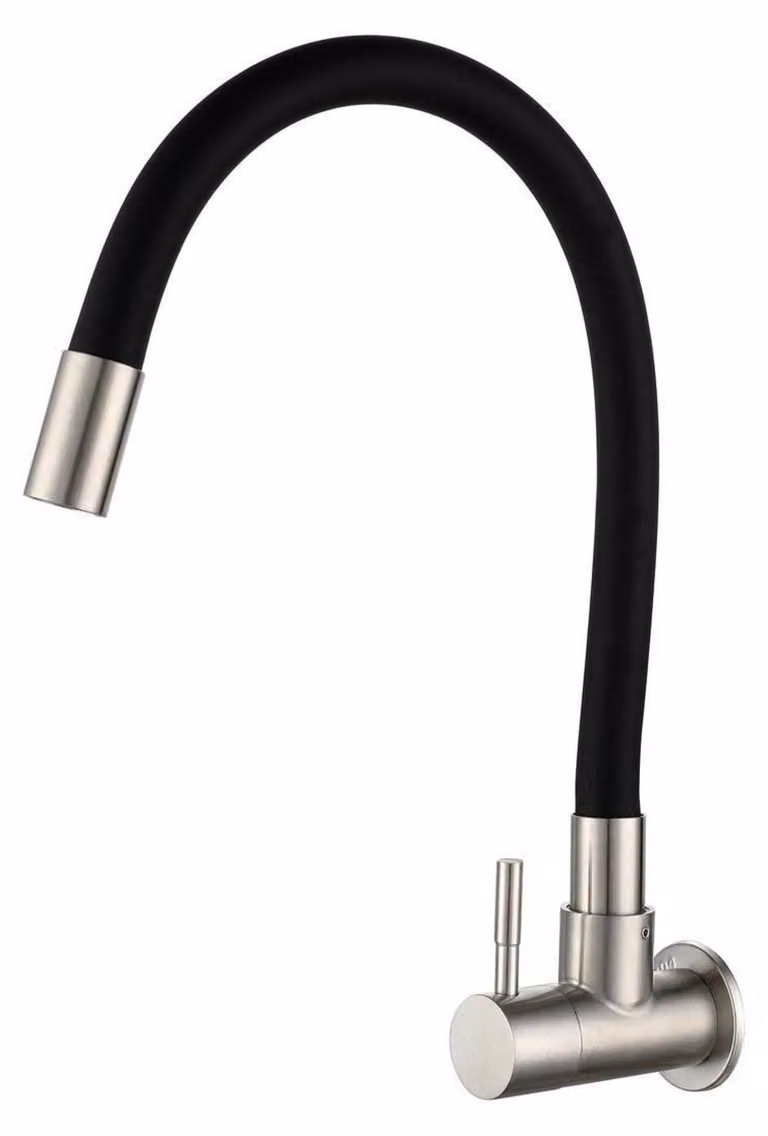 Miscelatore da cucina a parete, con bocchetta flessibile, nero, solo acqua fredda, monocomando, per lavello, girevole a 360°, con tubo in silicone, in acciaio inossidabile 304