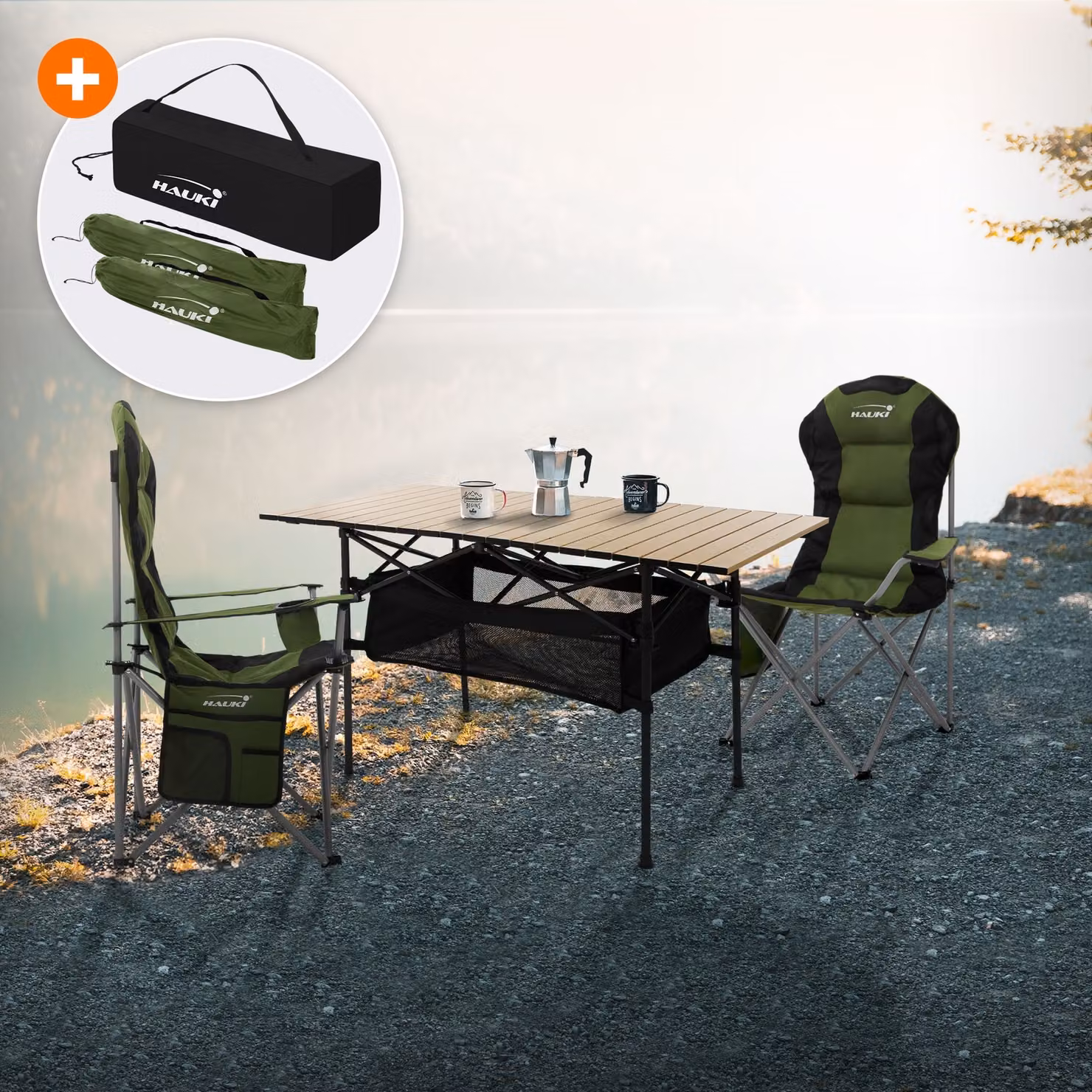 Set di mobili da campeggio Hauki 3 pezzi, tavolo pieghevole beige con 2 sedie da campeggio kaki, inclusa borsa di trasporto