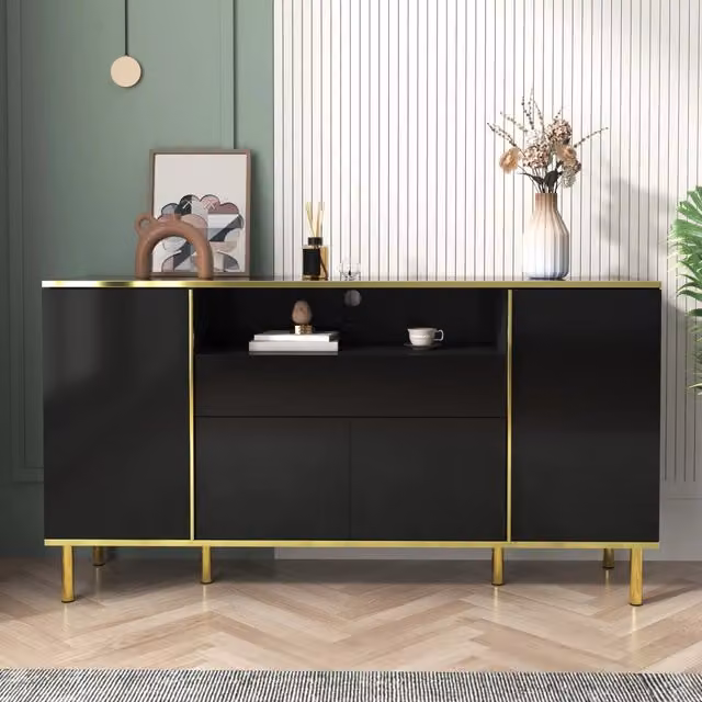 Madia Mivray moderna con 4 ante e 1 cassetto, finitura nero lucido con dettagli dorati e illuminazione LED integrata, L 150 x P 40 x H 80 cm
