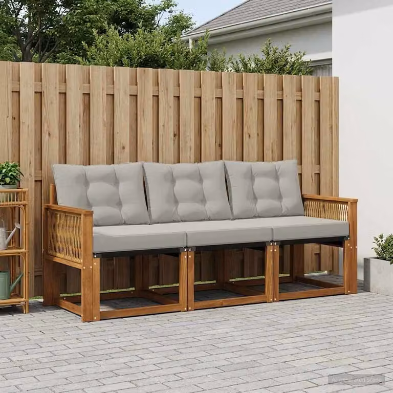 Set di divani da esterno vidaXL in legno di acacia con sedute in textilene, colore beige e grigio, composto da 3 pezzi con cuscini inclusi