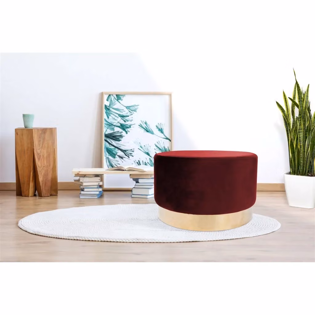 Pouf rotondo Nano in velluto rosa con base in metallo dorata lucida KENDRA HOME – 2