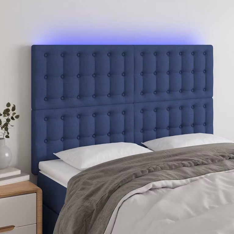 Testiera per letto vidaXL in tessuto blu con illuminazione LED integrata e porta di ricarica USB, L: 144 cm, P: 5 cm, H: 118/128 cm