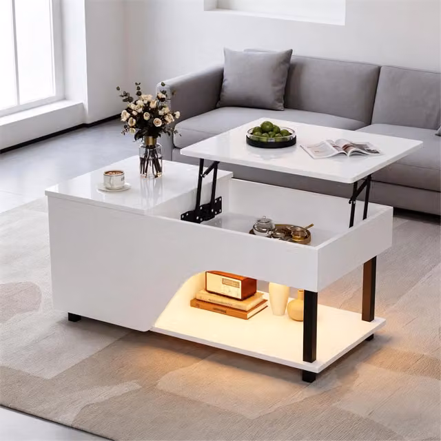 Tavolino da caffè MINIMAL bianco lucido con LED e vano nascosto L: 100 cm, P: 50 cm, H: 46 cm