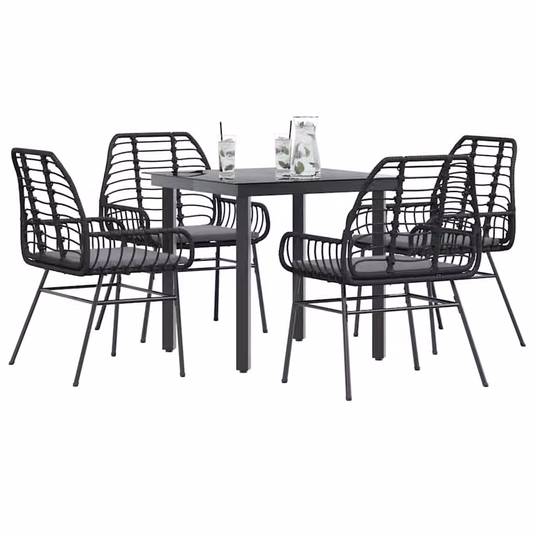 Set da pranzo da giardino vidaXL in polyrattan con tavolo in vetro e 5 cuscini, moderno, nero e grigio