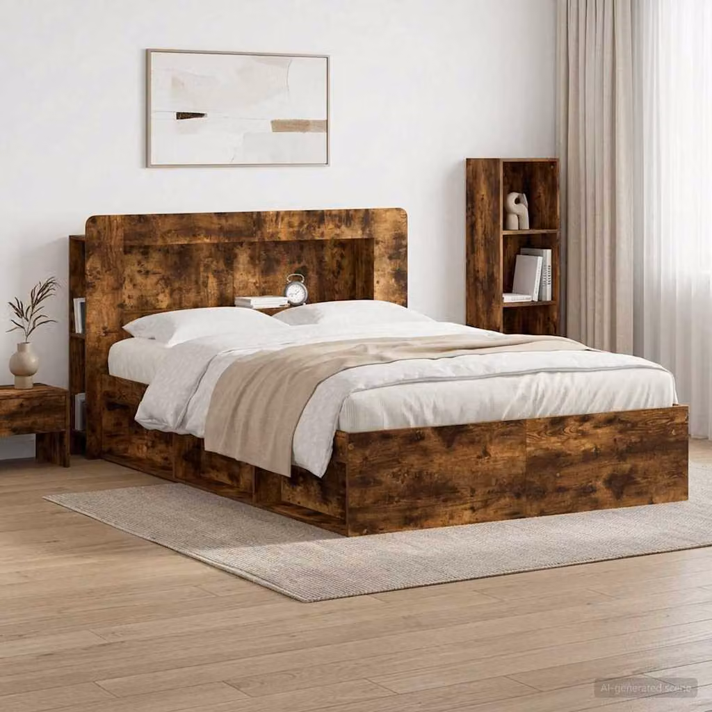 Testata del letto moderna vidaXL in legno ingegnerizzato Rovere Fumo con ripiani integrati