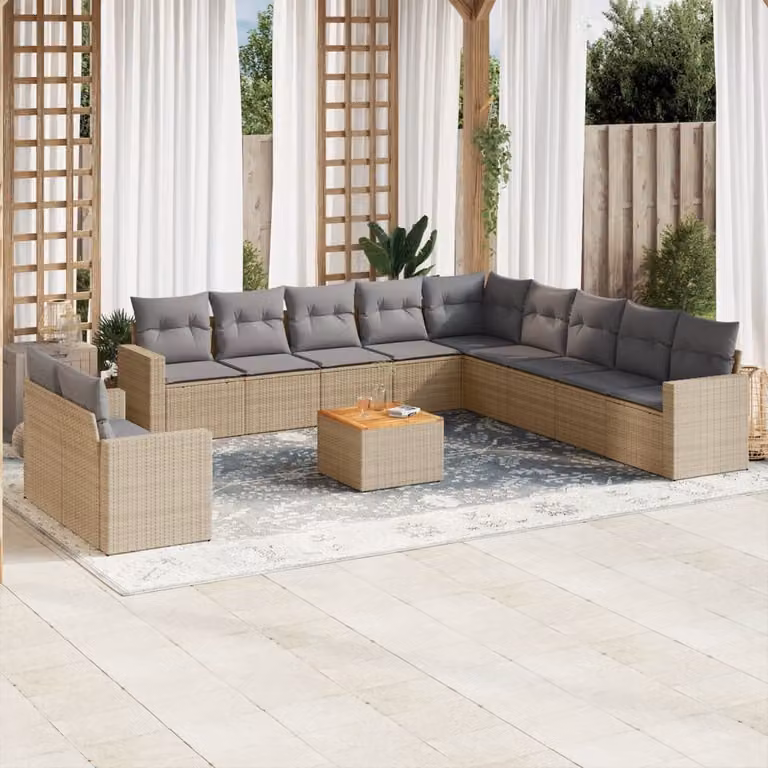 Set di Divani da Giardino vidaXL 12 pz con Cuscini Beige e Tavolino da Caffè in Polyrattan e Acciaio