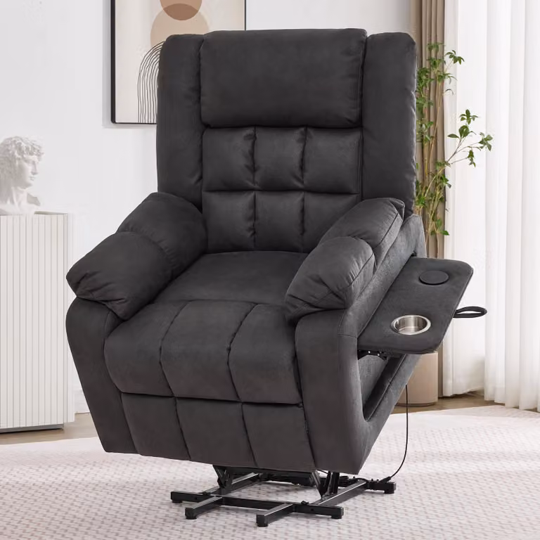 Poltrona reclinabile elettrica per TV con massaggio, funzione riscaldante, poggiapiedi, 2 tasche laterali e portabicchieri, poltrona massaggiante, colore grigio
