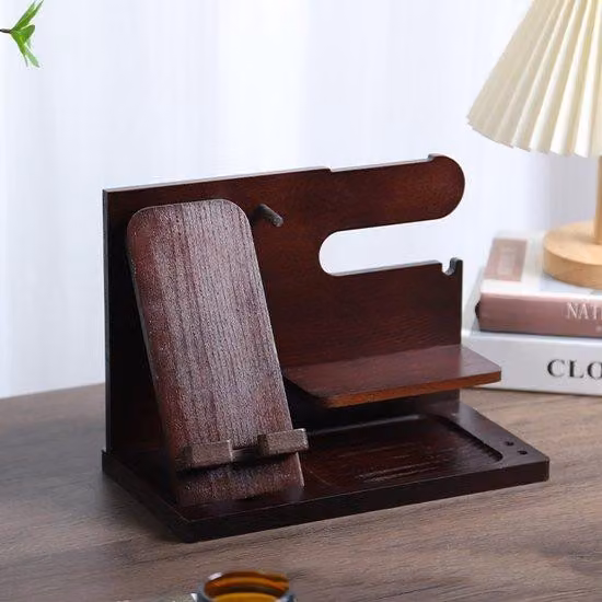 Portacellulare in legno per uomo - Organizer da scrivania o da comodino - Portachiavi, con spazio per portafoglio, orologio e altri oggetti (marrone bourbon)