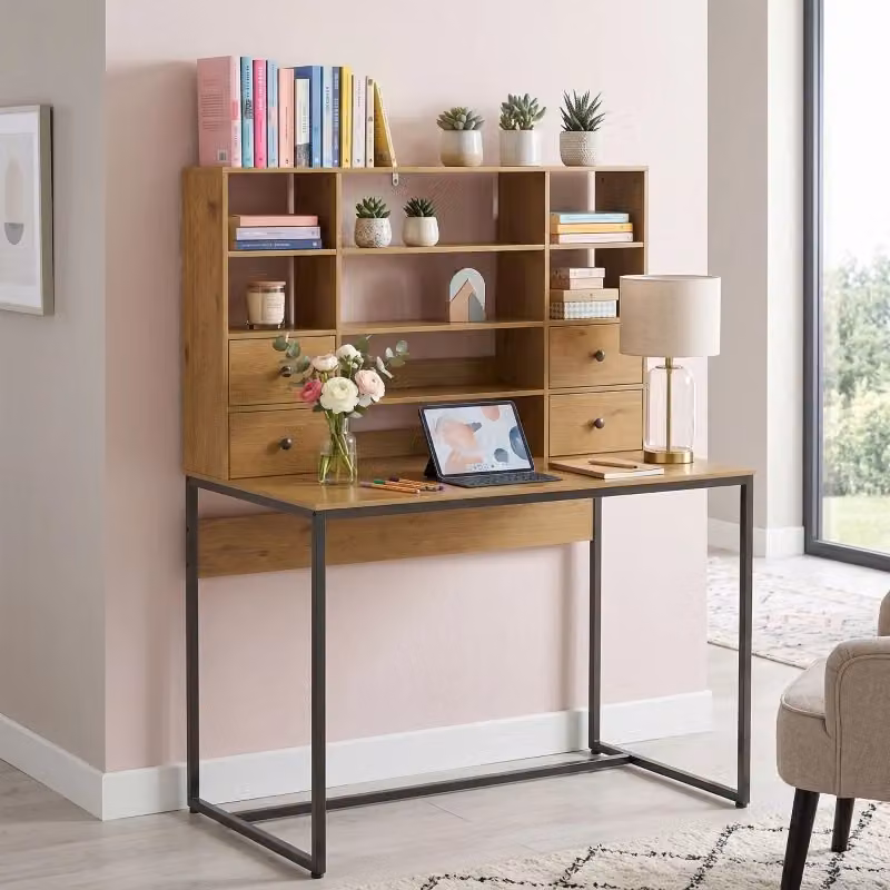Scrivania per computer Minimal con 4 cassetti e ripiani in rovere marrone L: 105 cm, P: 50 cm, H: 75 cm – 2