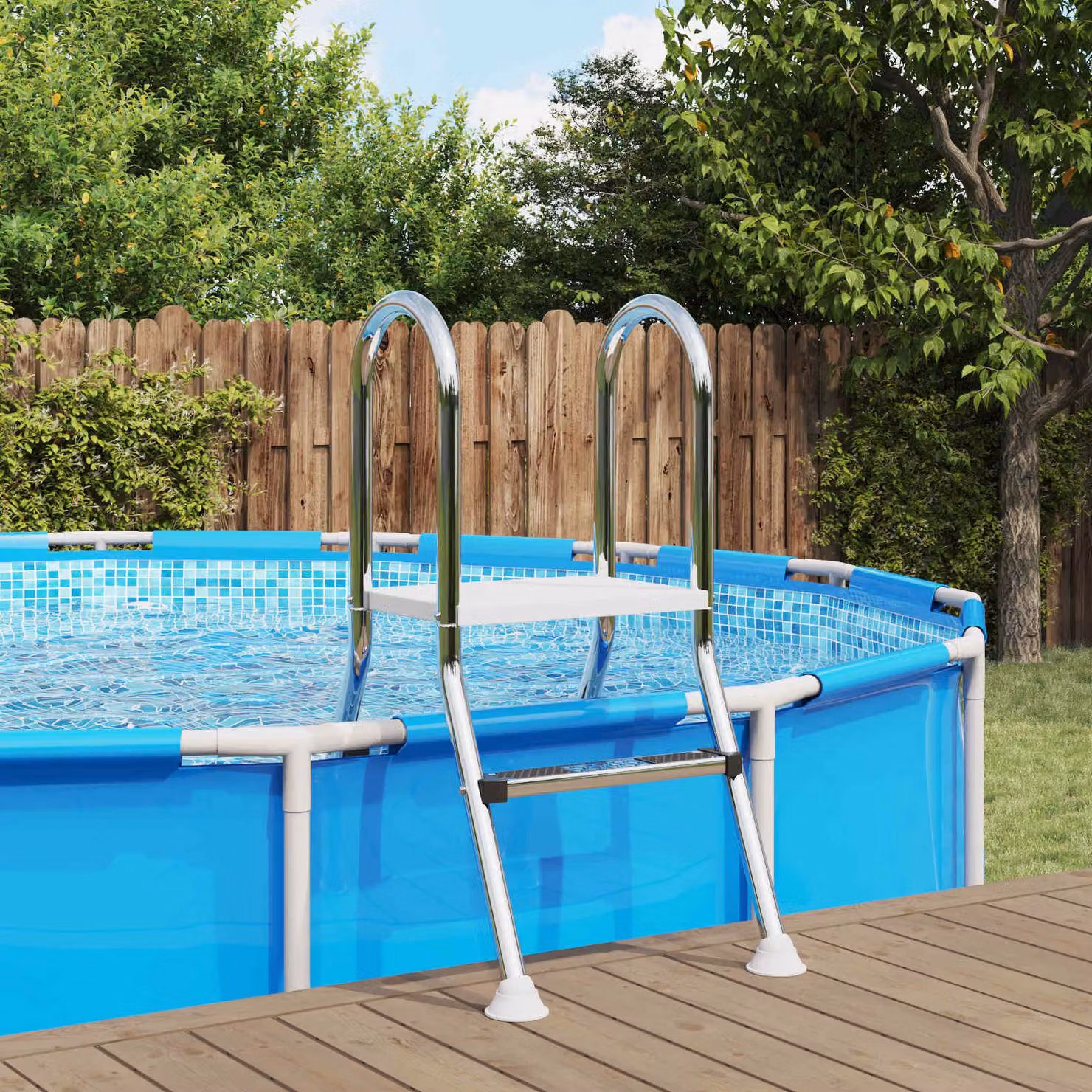 vidaXL Scala per piscina parzialmente interrata a 4 gradini in acciaio inossidabile e plastica, Colore: Bianco/Argento, L: 195 cm, P: 116 cm