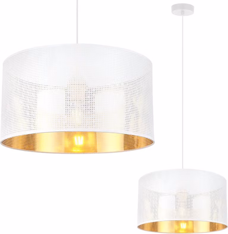 Lampada A Sospensione Asti White 1 Paralume Piatto Bianco Oro 35Cm