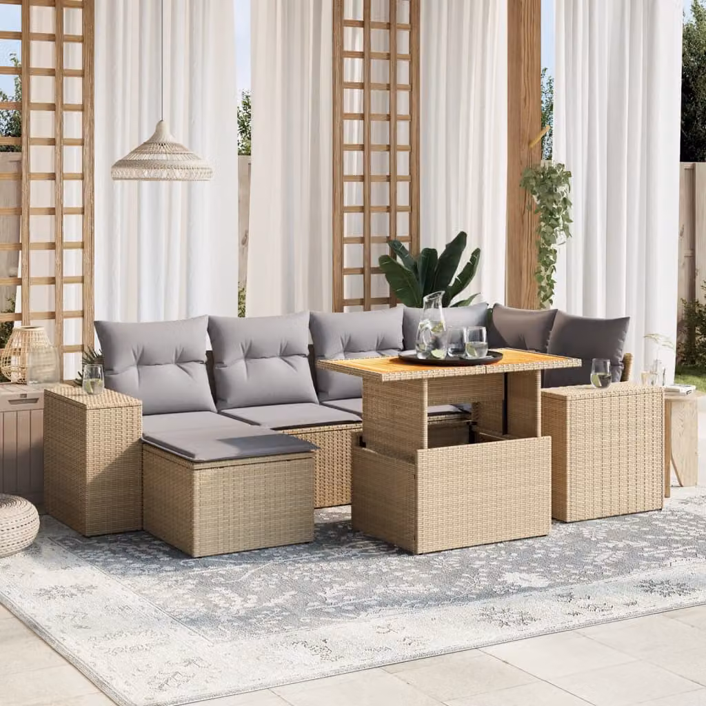 vidaXL Set Divani da Giardino 7 pz in Polyrattan Beige con Cuscini e Tavolino da Esterno – 1