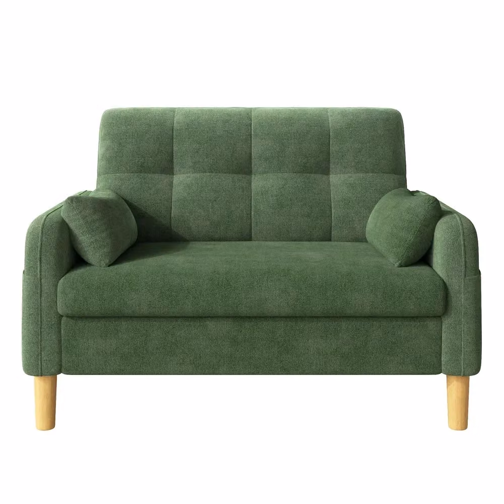 Divano 2 posti Minimal con contenitore in tessuto chenille verde e cuscini inclusi – 2