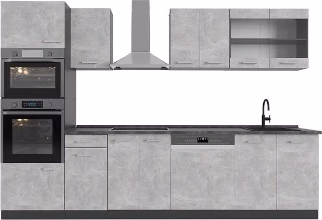 Cucina componibile moderna Vicco R-Line in antracite e grigio con armadio alto, L: 300 cm, H: 206,8 cm, P: 60 cm