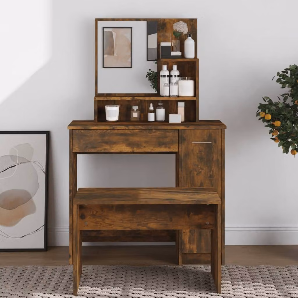 The Living Store Comodino con specchio in rovere fumé 86,5x35x136 cm