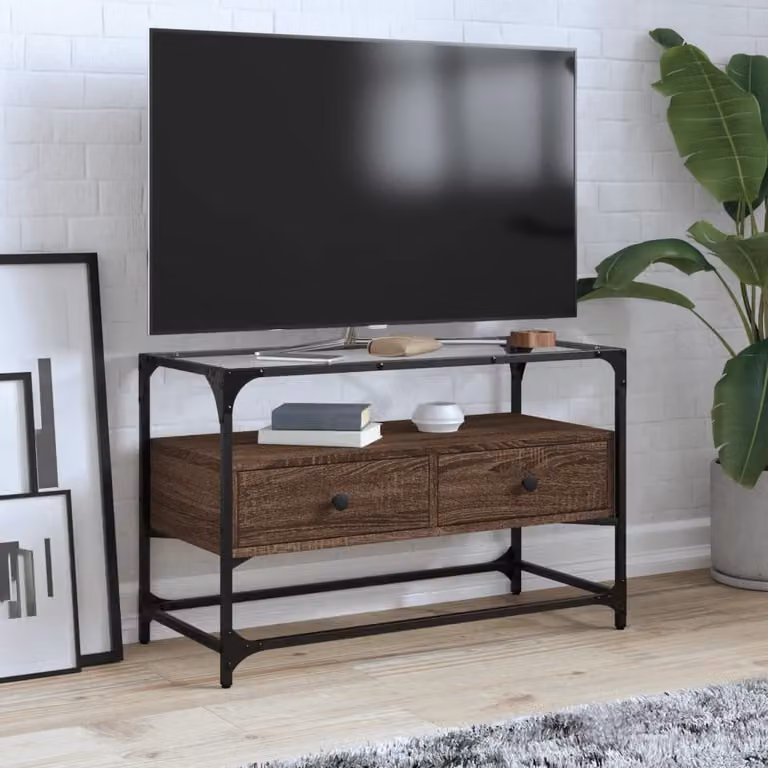 Mobile TV vidaXL in stile industriale con piano in vetro e legno rovere marrone, L 80 cm x P 35 cm x H 51 cm