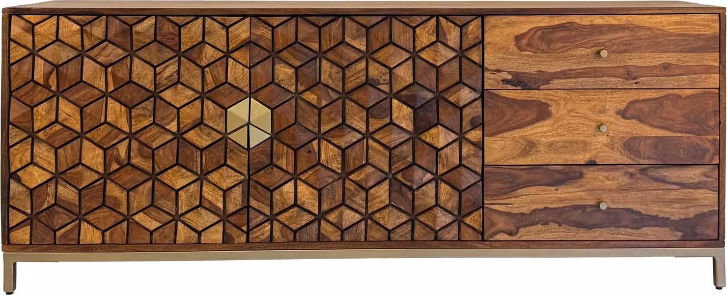 Credenza WOHNLING Credenza in legno massiccio di sheesham da 180 cm con 2 ante e 3 cassetti Moderna con motivo geometrico credenza soggiorno sala da pranzo