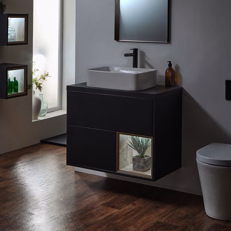 Mobile Bagno Sospeso con Ripiano Aperto da 800mm in Rovere Chiaro con Lavabo d'Appoggio Rettangolare - Hoxton