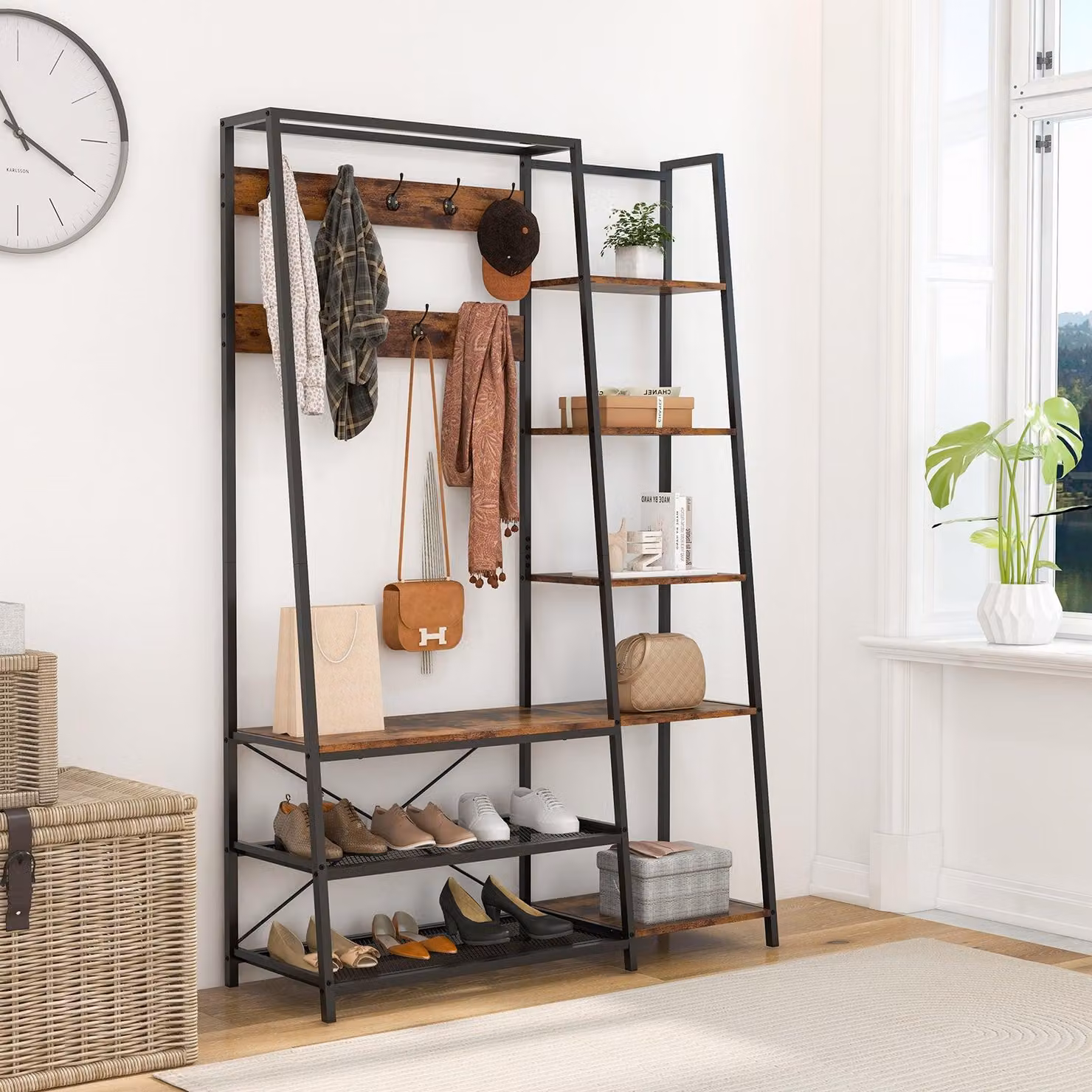Appendiabiti - Panca portaoggetti - Porta scarpe - Mobile per l'ingresso - 9 ganci - Autoportante con scaffali a rete per scarpe
