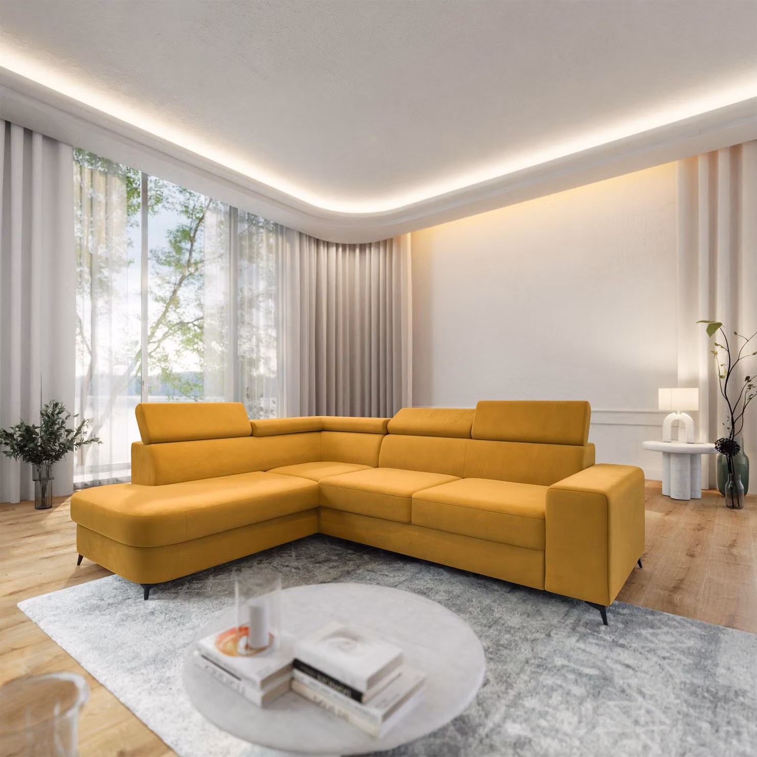 Divano ad angolo Masseno ALVORO L-S con funzione letto a L, divano con contenitore, divano da salotto, divano, divano letto, set divani - Giallo, MATT VELVET 48