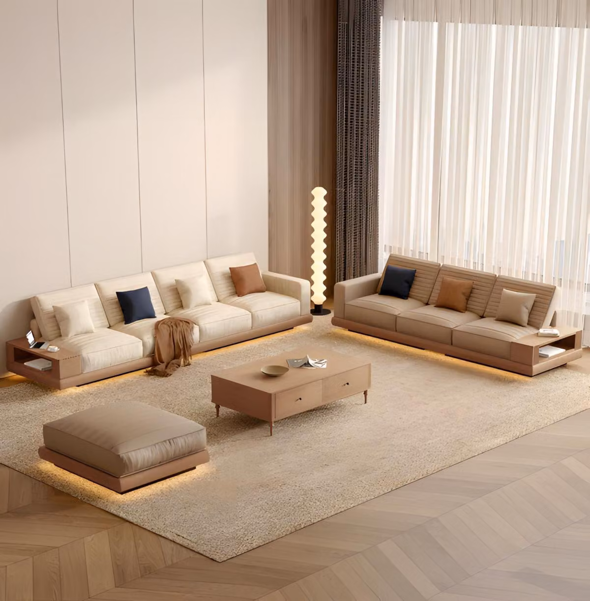 Set per soggiorno color beige: divani lussuosi, tavolino, poggiapiedi, 4 pezzi