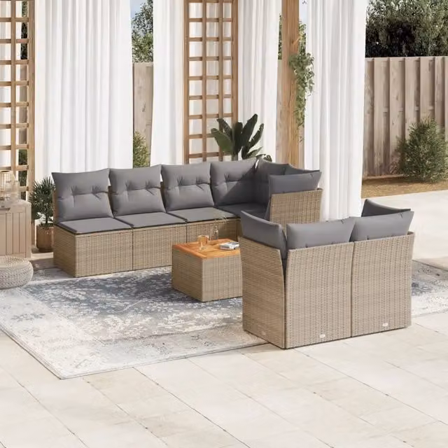 vidaXL Set Divano da Giardino a L 8 pz in Polyrattan con Cuscini Beige e Grigio e Tavolino da Caffè – 1