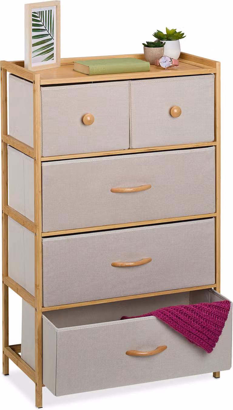 Comodino Relaxdays, bambù, 5 cassetti rivestiti in tessuto, ingresso, camera da letto, L x P x A 94 x 58 x 32,5 cm, cassettiera, naturale/beige