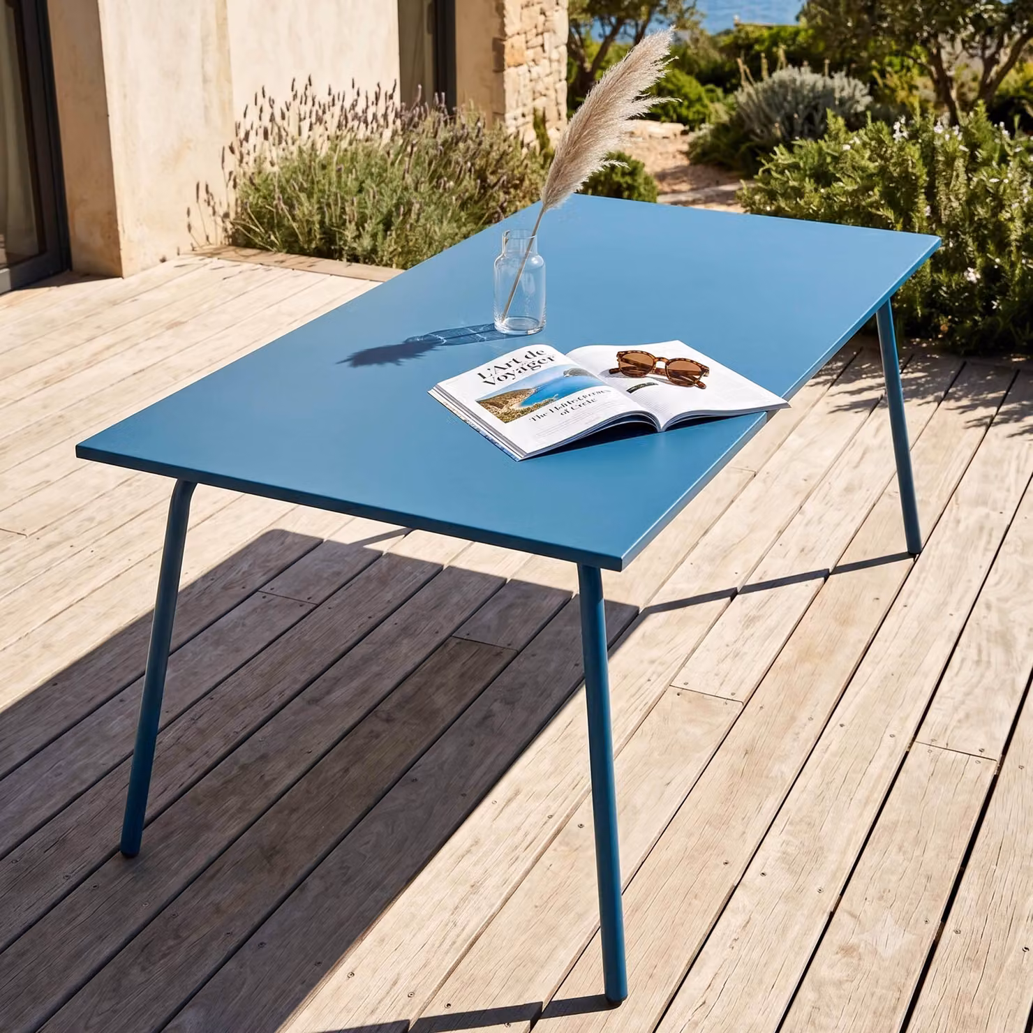 Tavolo da giardino rettangolare in metallo blu pacifico - Oviala Palavas