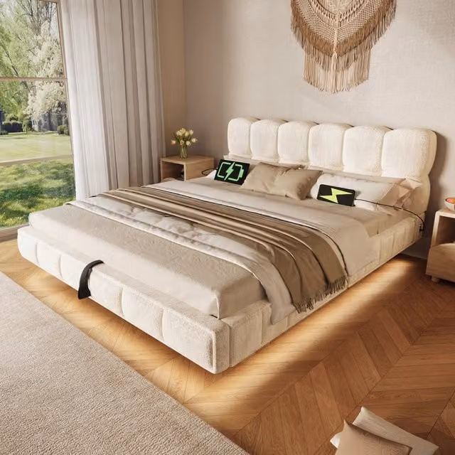 Letto imbottito 140x200 cm con contenitore idraulico e LED in chenille beige