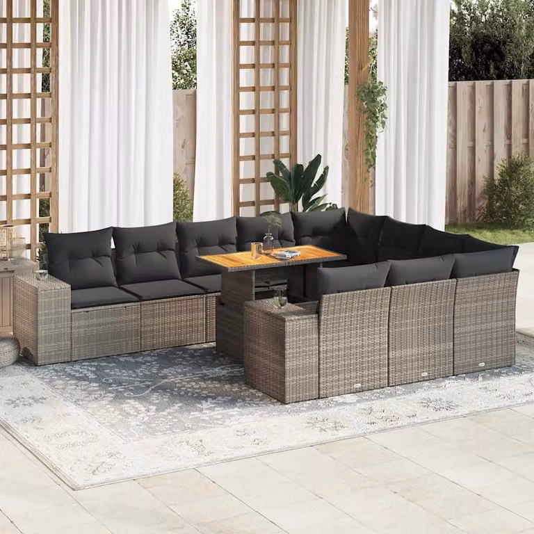 Set da giardino vidaXL composto da 10 pezzi con cuscini in polyrattan e legno di acacia color grigio
