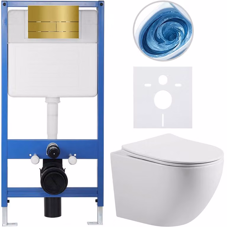 CERANO - Set completo per WC da incasso Lite/Cesso - bianco lucido - Pulsante per WC Line. dorato - Installazione a parete - 49x36 cm