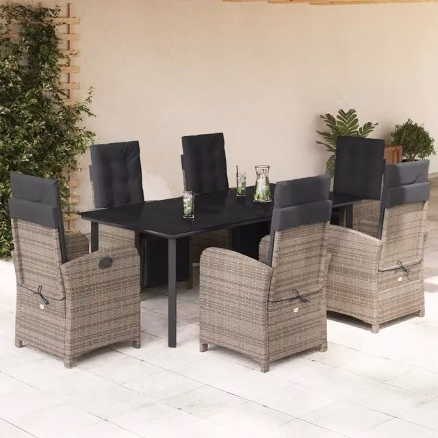 Set da pranzo da giardino vidaXL in polyrattan grigio e nero con tavolo in vetro e 7 pezzi – 1