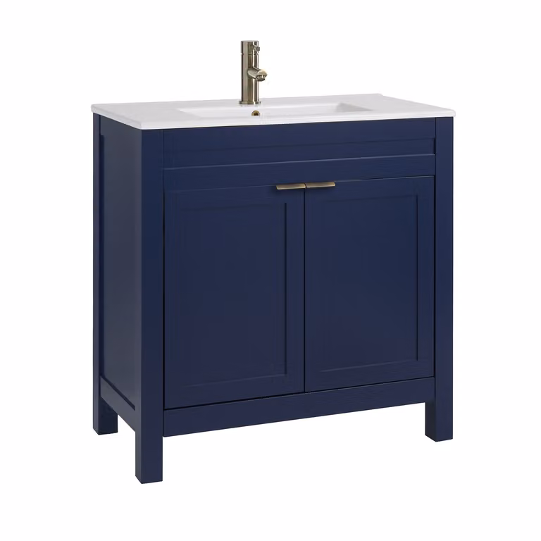 Mobile Bagno Blu Marino da 810mm con Lavabo e Maniglie Moderne con Impugnatura a Dito in Ottone Spazzolato - Warwick