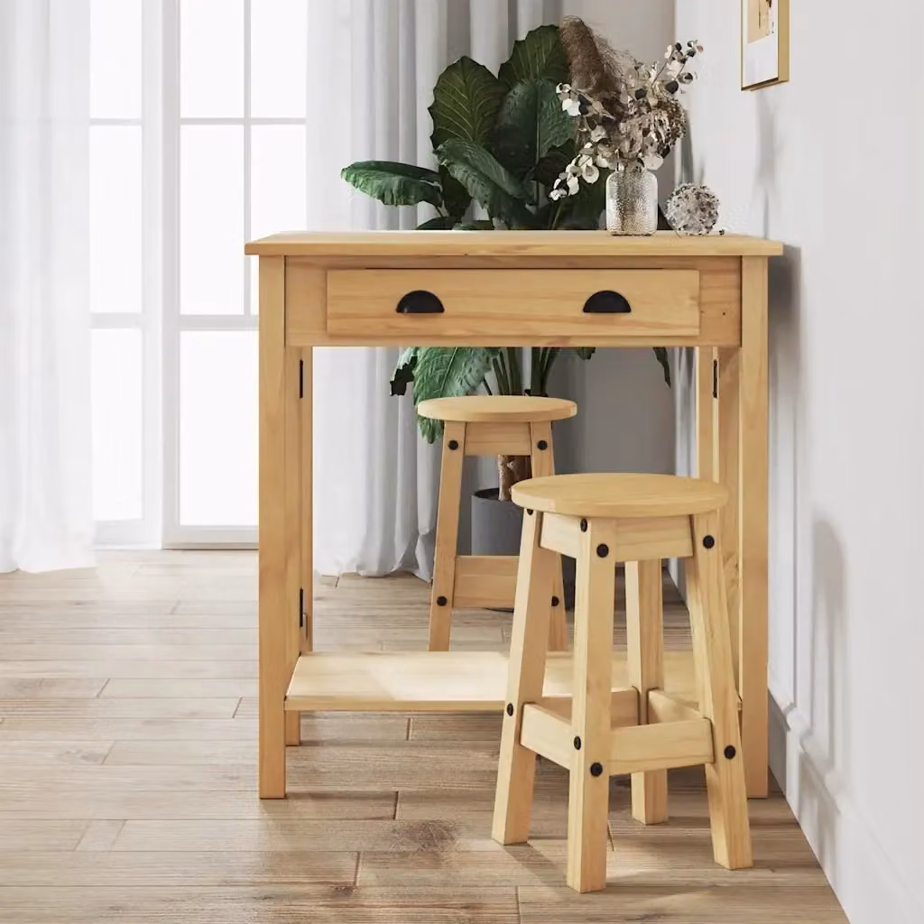 Set da pranzo composto da tavolo e 3 sedie in legno di pino color marrone e beige con design minimalista – 2