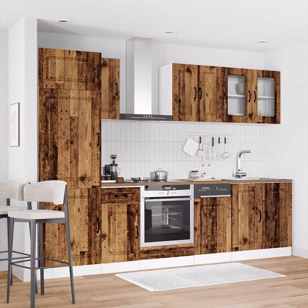 Set di mobili da cucina vidaXL Kalmar composto da 8 pezzi in stile rustico color marrone con ante in vetro e ripiani interni, L/P/H: 207 x 60 x 57 cm