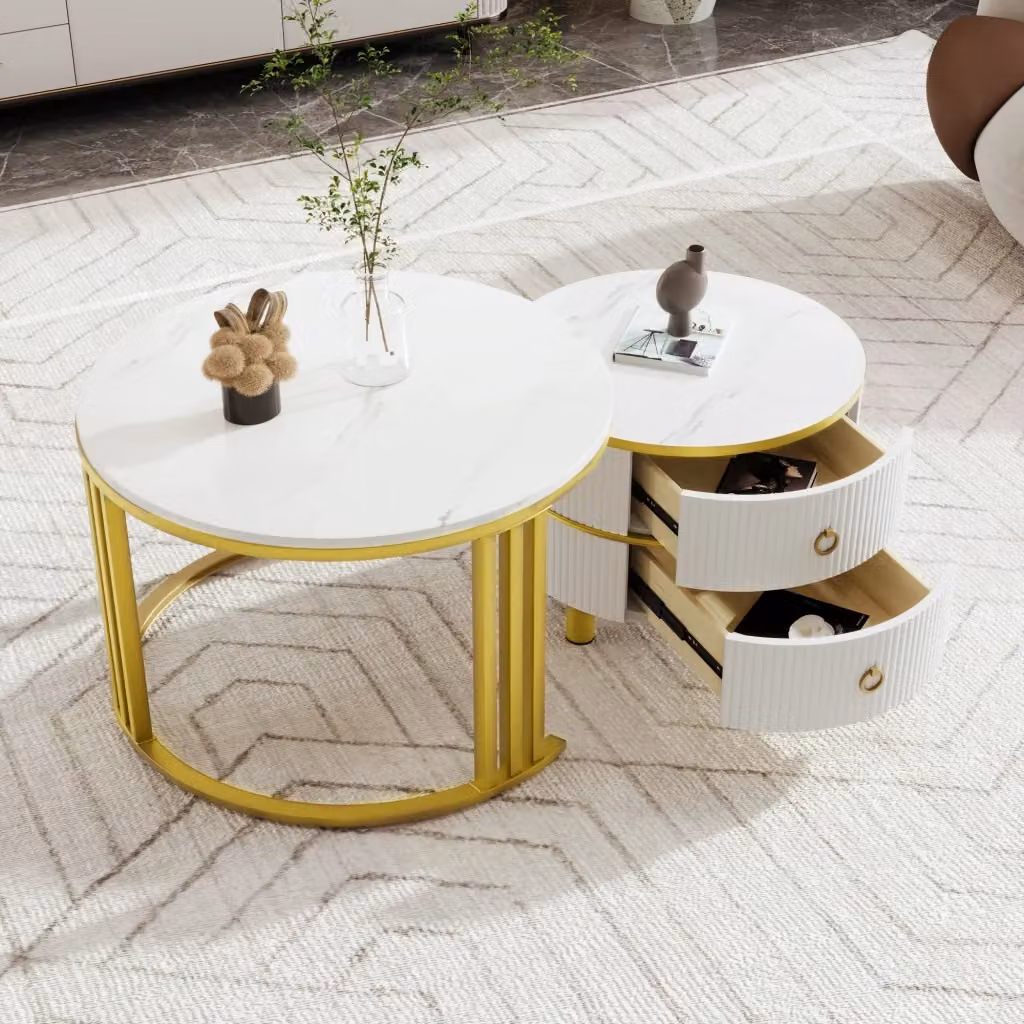 Set di 2 tavolini da caffè rotondi REDOM bianchi e oro in stile moderno con finitura lucida, L/P/H: 70 x 70 x 46 cm e 50 x 50 x 40 cm – 2