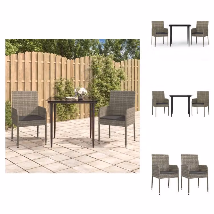 vidaXL set da pranzo da giardino a 3 pezzi con cuscini in poly rattan nero e grigio - Set di mobili da giardino