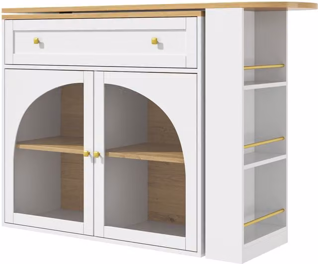 Tavolo bar allungabile bianco con piano girevole a 360°, scaffale laterale a 3 ripiani e ante in vetro di sicurezza, L: 138-204 cm, P: 39 cm, H: 104 cm – 1