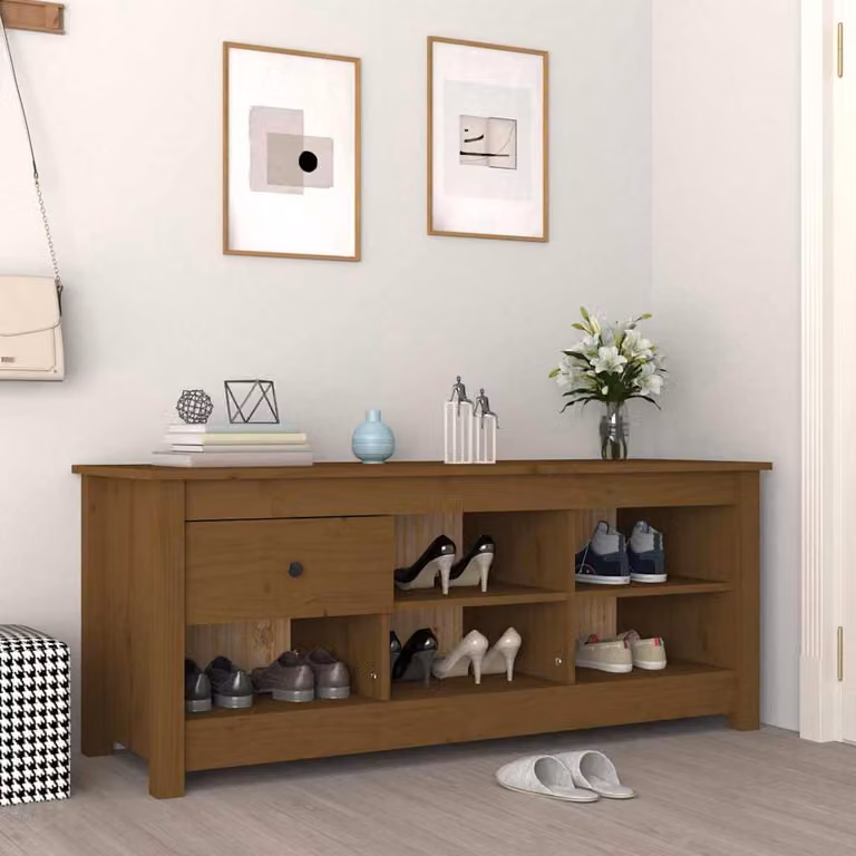 Scarpiera vidaXL in legno di pino massello stile rustico, colore marrone, L/P/H: 110 x 38 x 45,5 cm