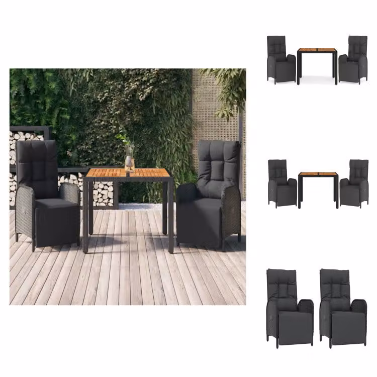 vidaXL set da pranzo da giardino 3 pezzi con cuscini in poly rattan nero - Set di mobili da giardino