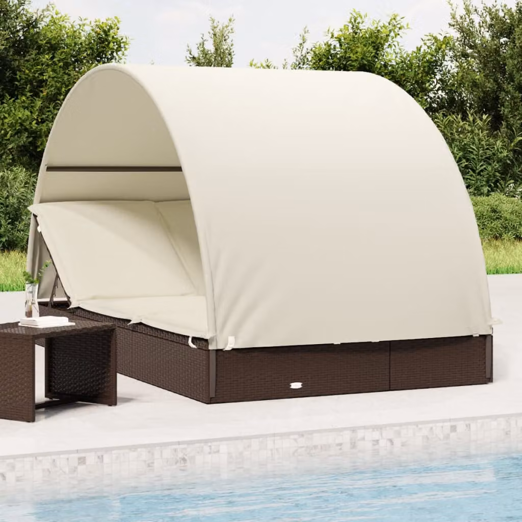vidaXL Lettino Doppio con Tetto Rotondo in Polyrattan e Acciaio Marrone L: 211 cm, P: 112 cm, H: 140 cm