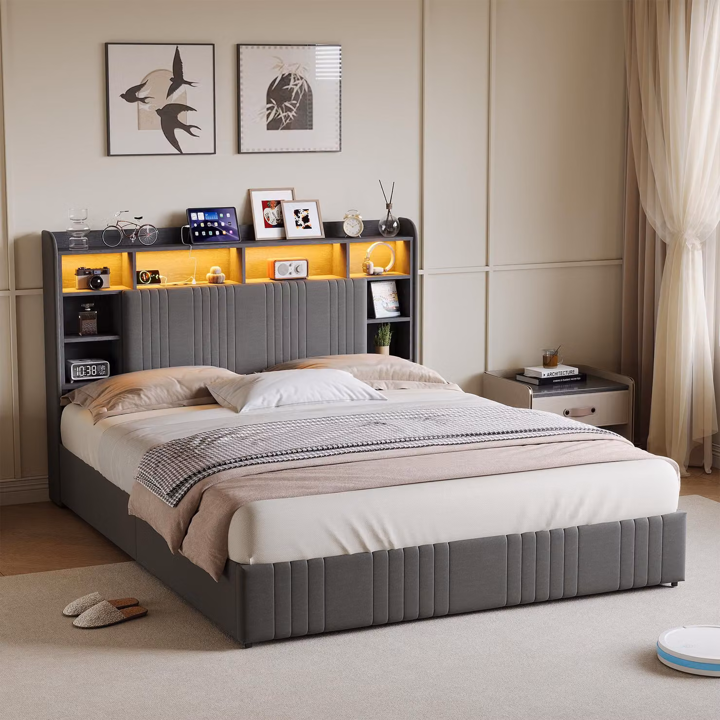 Letto Moonbite con contenitore, dimensioni 160x200 cm, tessuto in lino, colore grigio – 4 cassetti scorrevoli, testiera con comodino integrato, illuminazione LED RGB, prese Schuko, USB e Type-C