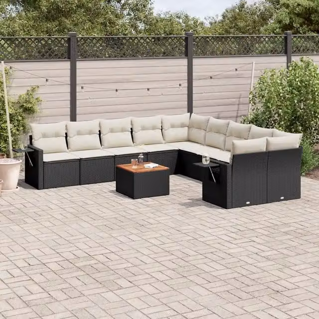 Set di Divani da Giardino vidaXL in Polyrattan Nero con Cuscini e Tavolino, Composizione a U per Esterno – 1