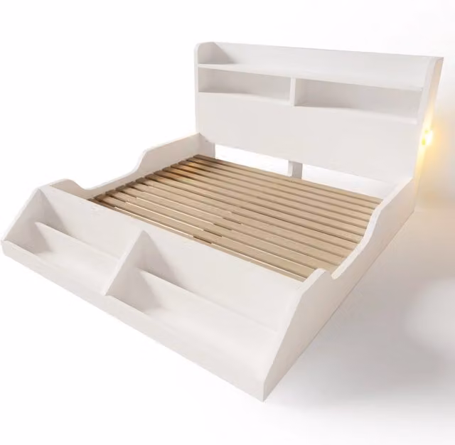 Letto matrimoniale in legno 140x200 cm con luci notturne, mensole e libreria rimovibile, struttura con rete a doghe, finitura bianca