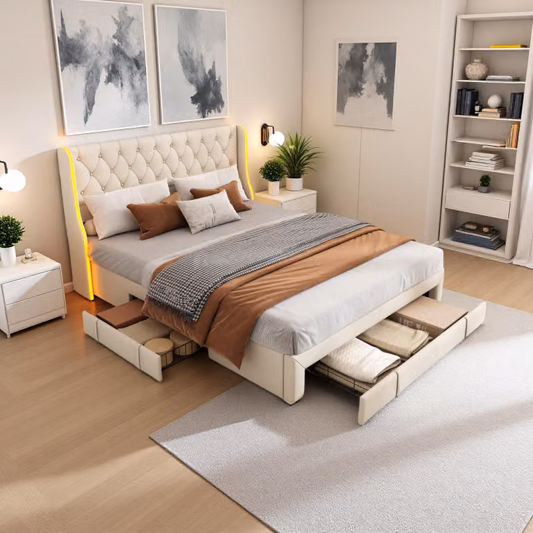 Letto 160x200cm in velluto beige con lampade integrate, 3 cassetti in metallo e testata ad ala - Design elegante e spazio di archiviazione